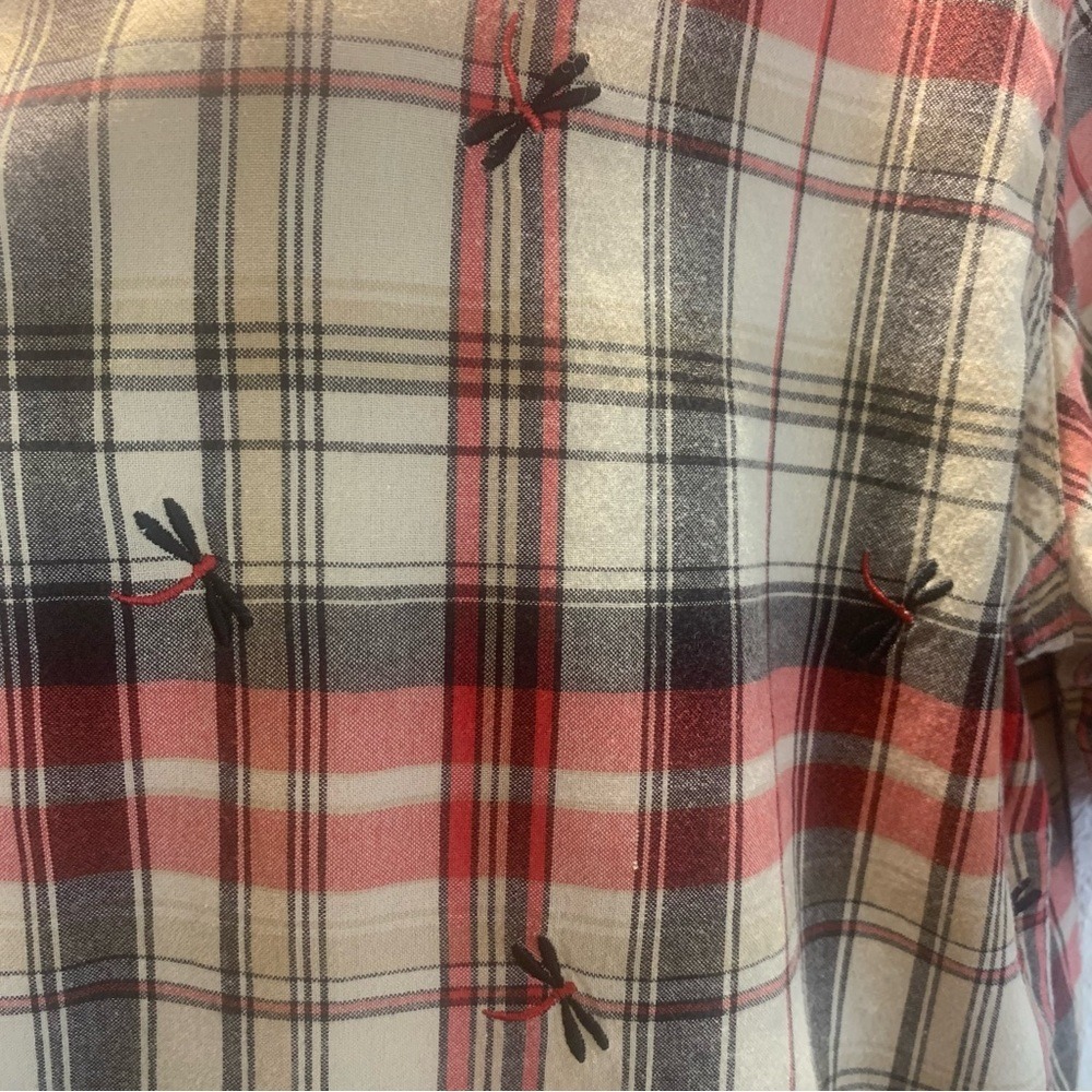 Bobbie Brooks Women's XL VTG Plaid Button Down Shirt Embroidered Dragonflies - Picture 2 of 6